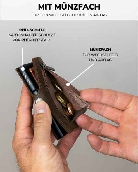 SLIMJACK Smart Wallet in Dunkelbraun – RFID-geschütztes Kreditkartenetui mit Aluminium-Kartenhalter und integriertem Münzfach. Kompakt, sicher und edel im Design. Für Männer, die Stil und Funktion in der Hosentasche tragen wollen.
