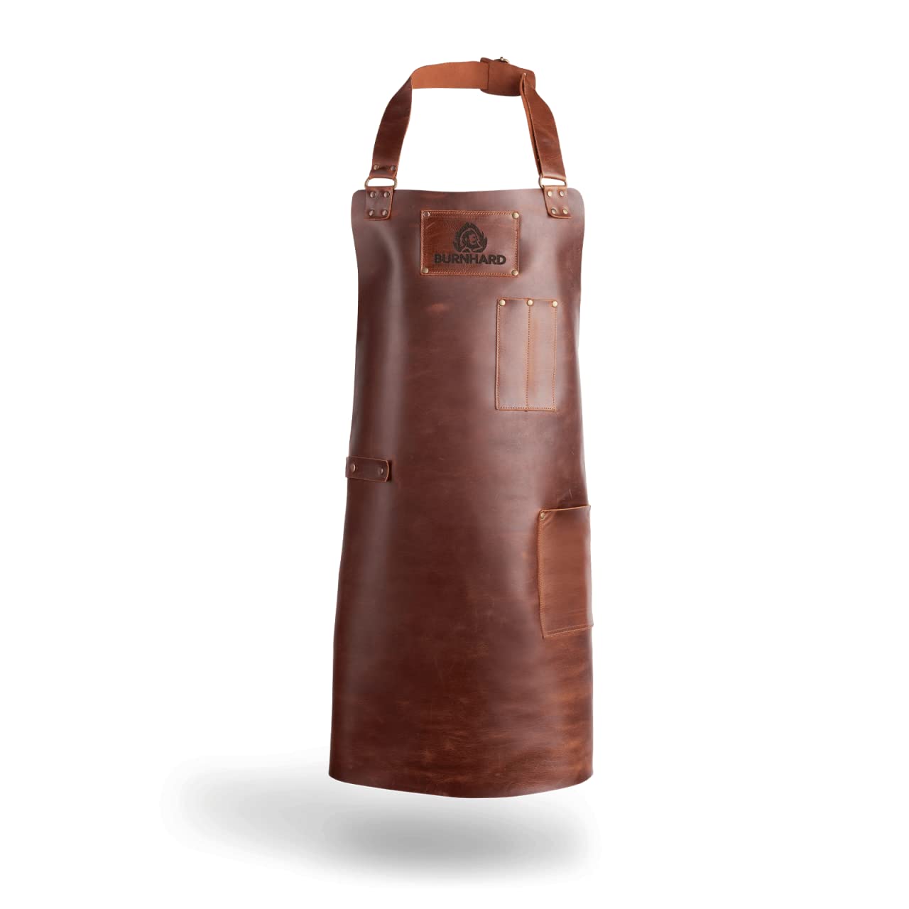 BURNHARD Grillschürze Leder Braun, Lederschürze 100% Büffelleder, Größenverstellbar, BBQ-Schürze mit Taschen, Kochschürze