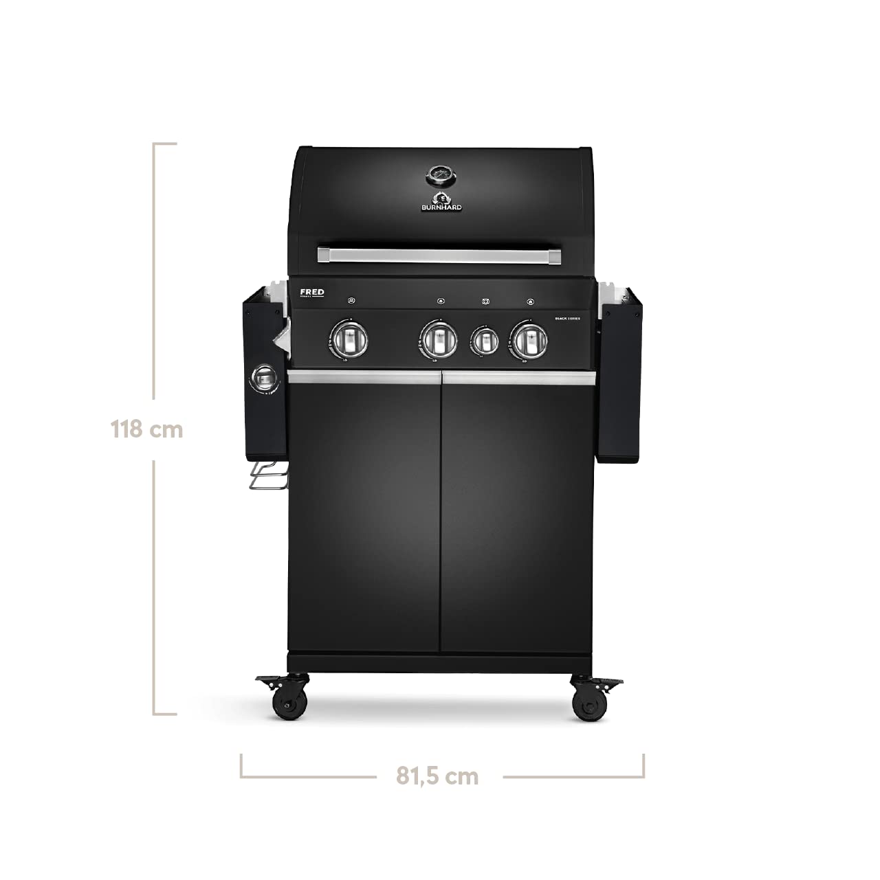BURNHARD FRED Deluxe Black Series 3 – 3-Brenner-Gasgrill mit Backburner, 900 °C Infrarot-Keramikbrenner, Seitenkochfeld und Gusseisenrost. Inklusive Abdeckung, Grillwagen und klappbaren Seitentischen. Für anspruchsvolles Grillen auf Profi-Niveau.