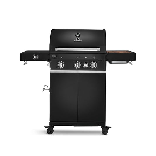 BURNHARD FRED Deluxe Black Series 3 – 3-Brenner-Gasgrill mit Backburner, 900 °C Infrarot-Keramikbrenner, Seitenkochfeld und Gusseisenrost. Inklusive Abdeckung, Grillwagen und klappbaren Seitentischen. Für anspruchsvolles Grillen auf Profi-Niveau.