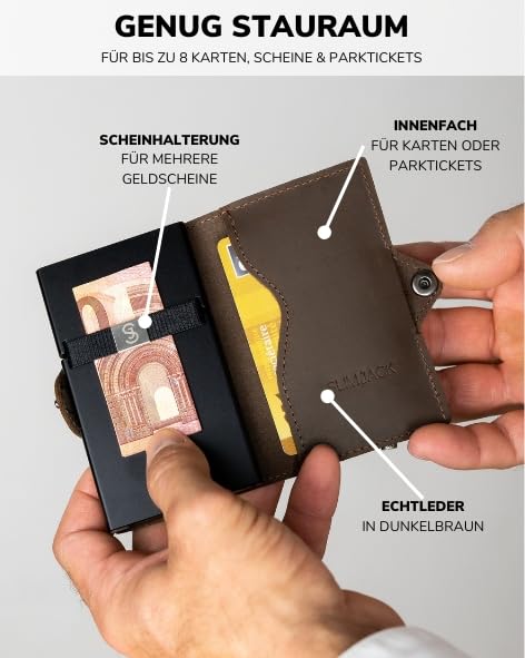 SLIMJACK Smart Wallet in Dunkelbraun – RFID-geschütztes Kreditkartenetui mit Aluminium-Kartenhalter und integriertem Münzfach. Kompakt, sicher und edel im Design. Für Männer, die Stil und Funktion in der Hosentasche tragen wollen.