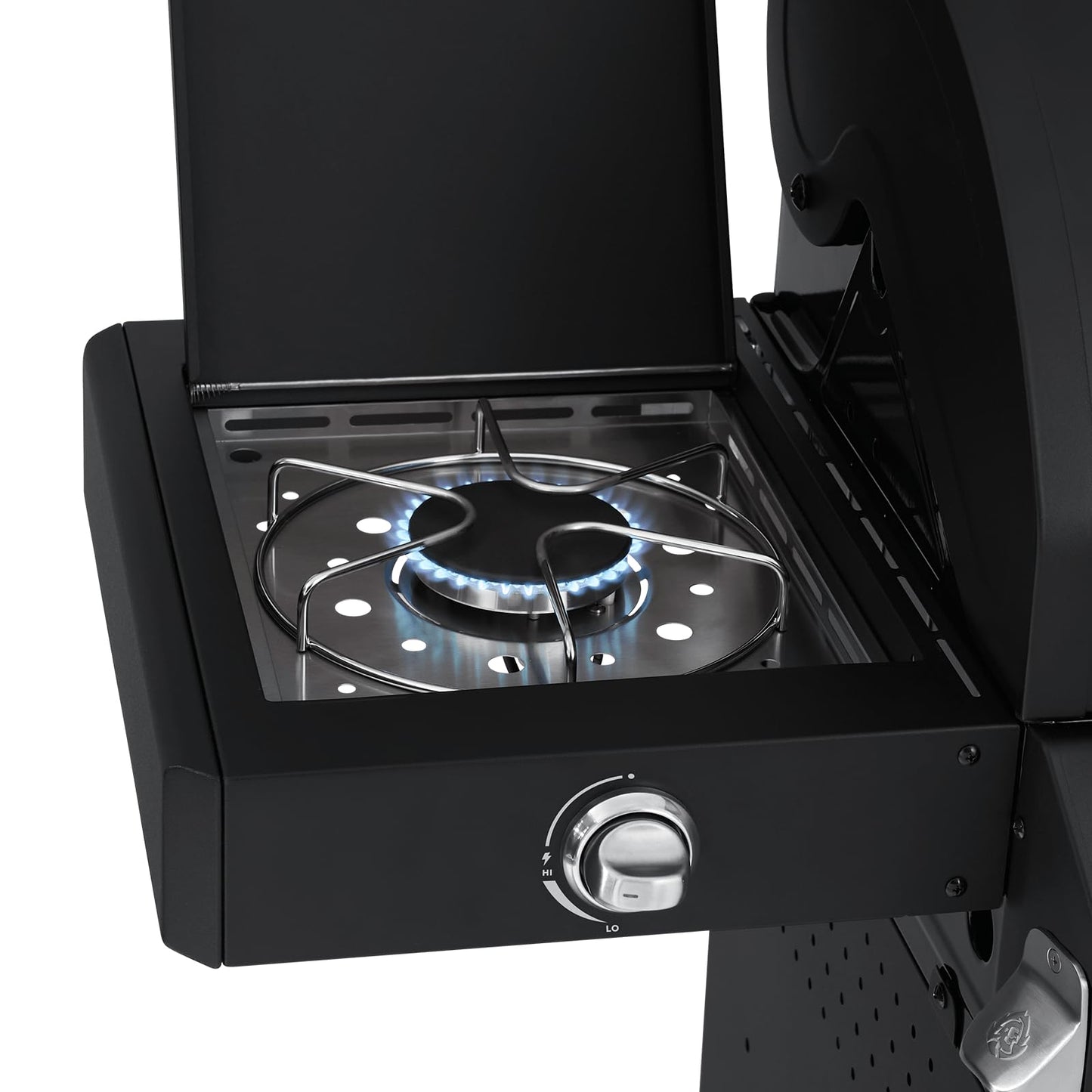 BURNHARD FRED Deluxe Black Series 3 – 3-Brenner-Gasgrill mit Backburner, 900 °C Infrarot-Keramikbrenner, Seitenkochfeld und Gusseisenrost. Inklusive Abdeckung, Grillwagen und klappbaren Seitentischen. Für anspruchsvolles Grillen auf Profi-Niveau.