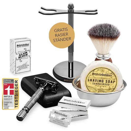 Störtebekker® Premium Gentleman Essential Set – hochwertiges Rasierset mit Rasierhobel, Pinsel, Rasierseife, Schale, Klingen, Ständer und Alaunstein. Für eine stilvolle, gründliche Nassrasur auf klassischem Niveau.