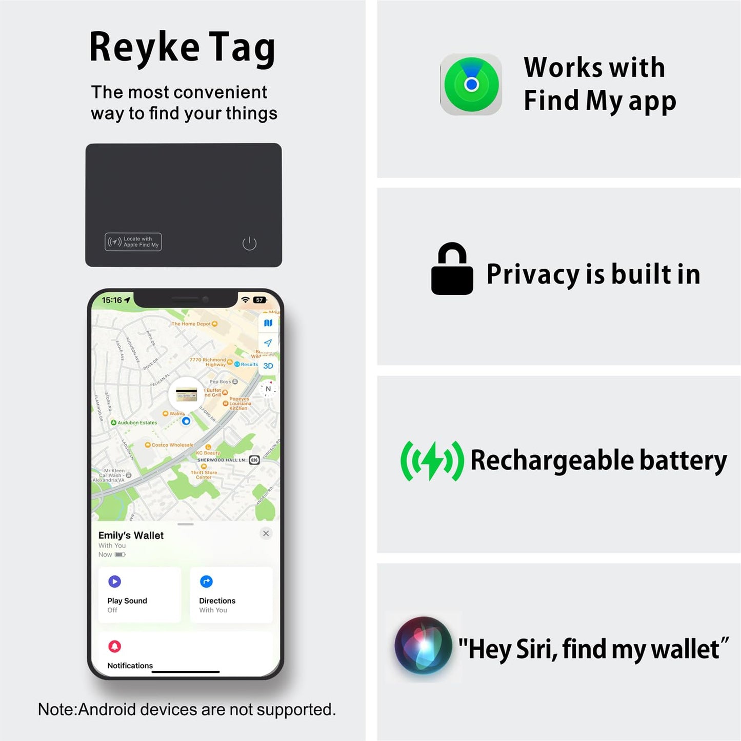 Reyke Geldbörsen-Tracker-Karte – ultradünn, wiederaufladbar und kompatibel mit Apple „Find My“ (nur iOS). Ideal zum Auffinden von Geldbörsen, Reisepässen, Gepäck oder Handys. Smarte Ortungslösung im Kreditkartenformat für unterwegs.