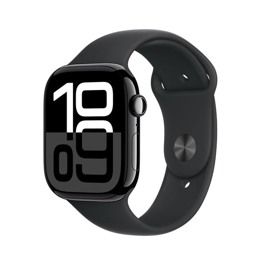 Apple Watch Series 10 (GPS, 46 mm, Diamantschwarz mit schwarzem Sportarmband M/L). Präziser Fitnesstracker mit integrierter EKG-App, Always-On Retina Display und robustem Wasserschutz – jetzt sichern und dein Workout auf das nächste Level heben.