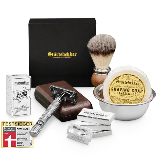 Störtebekker® Premium Rasierhobel-Set für Herren im handgefertigten Lederetui – inkl. Rasierpinsel, Edelstahl-Rasierschale, Rasierseife, Alaunstein und Klingen. Hochwertiges Bartpflege-Set für klassische Nassrasur mit Stil.