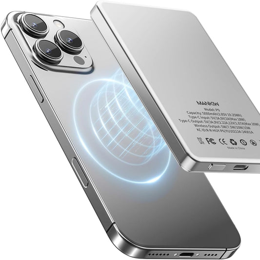 MANKIW Powerbank mit 5000 mAh – magnetisch, ultraflach und kompatibel mit MagSafe für iPhone 12 bis 16 (alle Modelle). 20 W Schnellladen per USB-C in/out und kabellose Ladefunktion für unterwegs. Stilvoller Energiespender im kompakten Format.