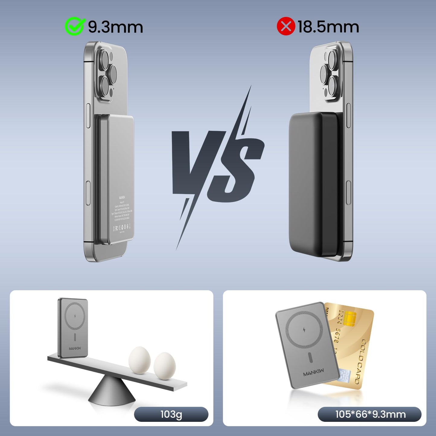 MANKIW Powerbank mit 5000 mAh – magnetisch, ultraflach und kompatibel mit MagSafe für iPhone 12 bis 16 (alle Modelle). 20 W Schnellladen per USB-C in/out und kabellose Ladefunktion für unterwegs. Stilvoller Energiespender im kompakten Format.