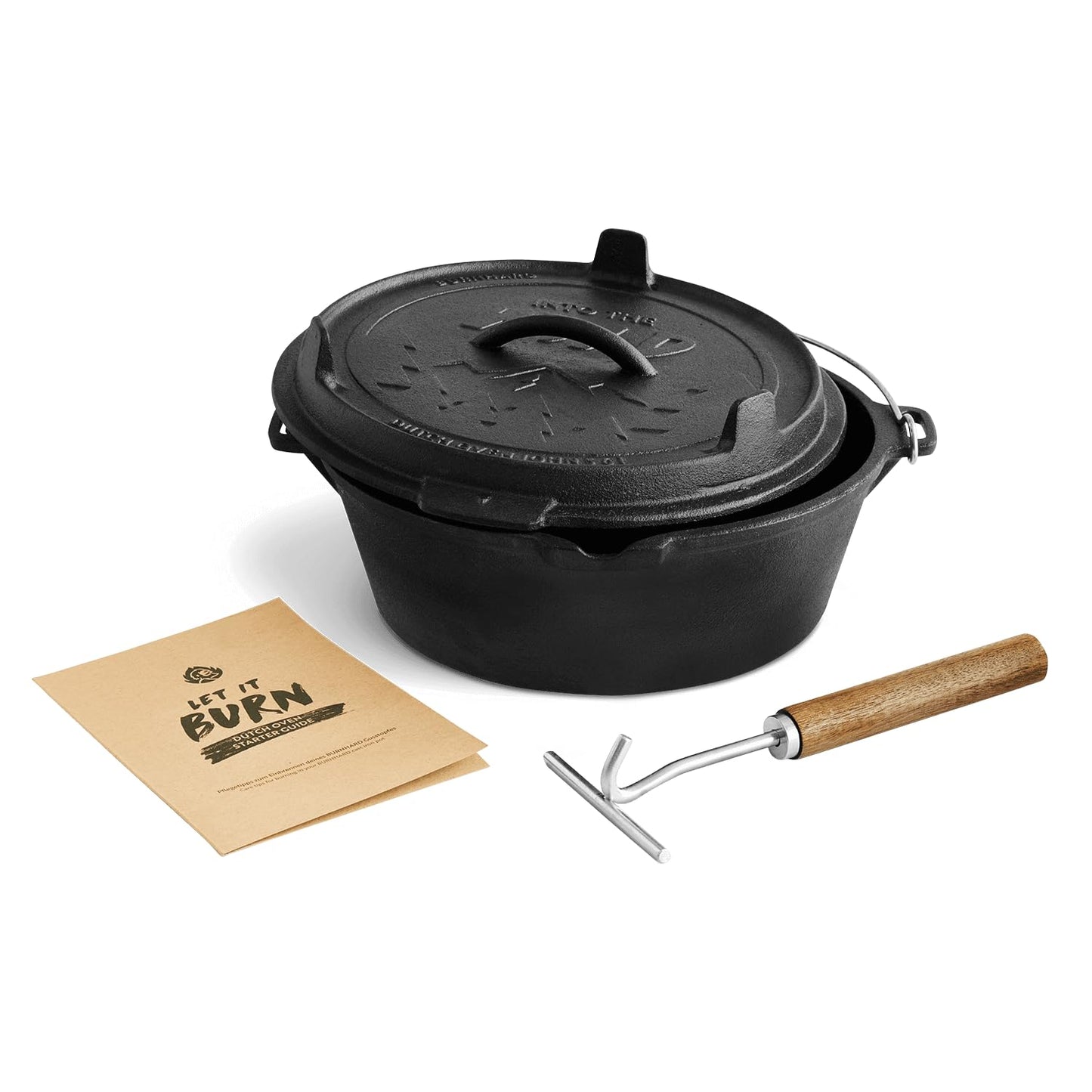 BURNHARD Dutch Oven 6 qt (5,6 L) aus massivem Gusseisen –  bereit für den Einsatz über offenem Feuer oder im Ofen. Inklusive Deckelheber, für flexible Nutzung. Perfekt zum Schmoren, Braten und Backen unter freiem Himmel.