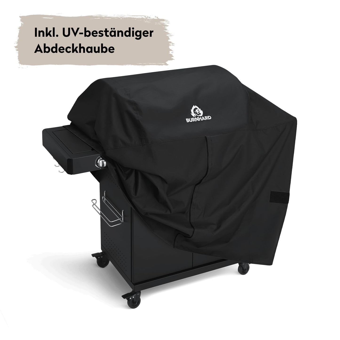 BURNHARD FRED Deluxe Black Series 3 – 3-Brenner-Gasgrill mit Backburner, 900 °C Infrarot-Keramikbrenner, Seitenkochfeld und Gusseisenrost. Inklusive Abdeckung, Grillwagen und klappbaren Seitentischen. Für anspruchsvolles Grillen auf Profi-Niveau.