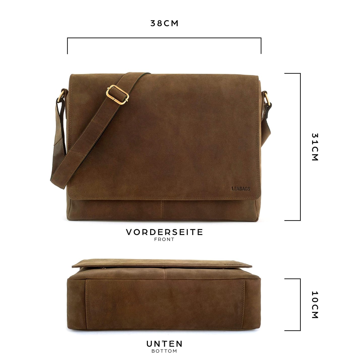 LEABAGS Messenger Bag Oxford aus echtem Leder – stilvolle Umhängetasche für Herren mit Platz für Laptops bis 15 Zoll. Robustes Design mit verstellbarem Schultergurt und viel Stauraum. Der ideale Begleiter für Arbeit, Uni oder Alltag.