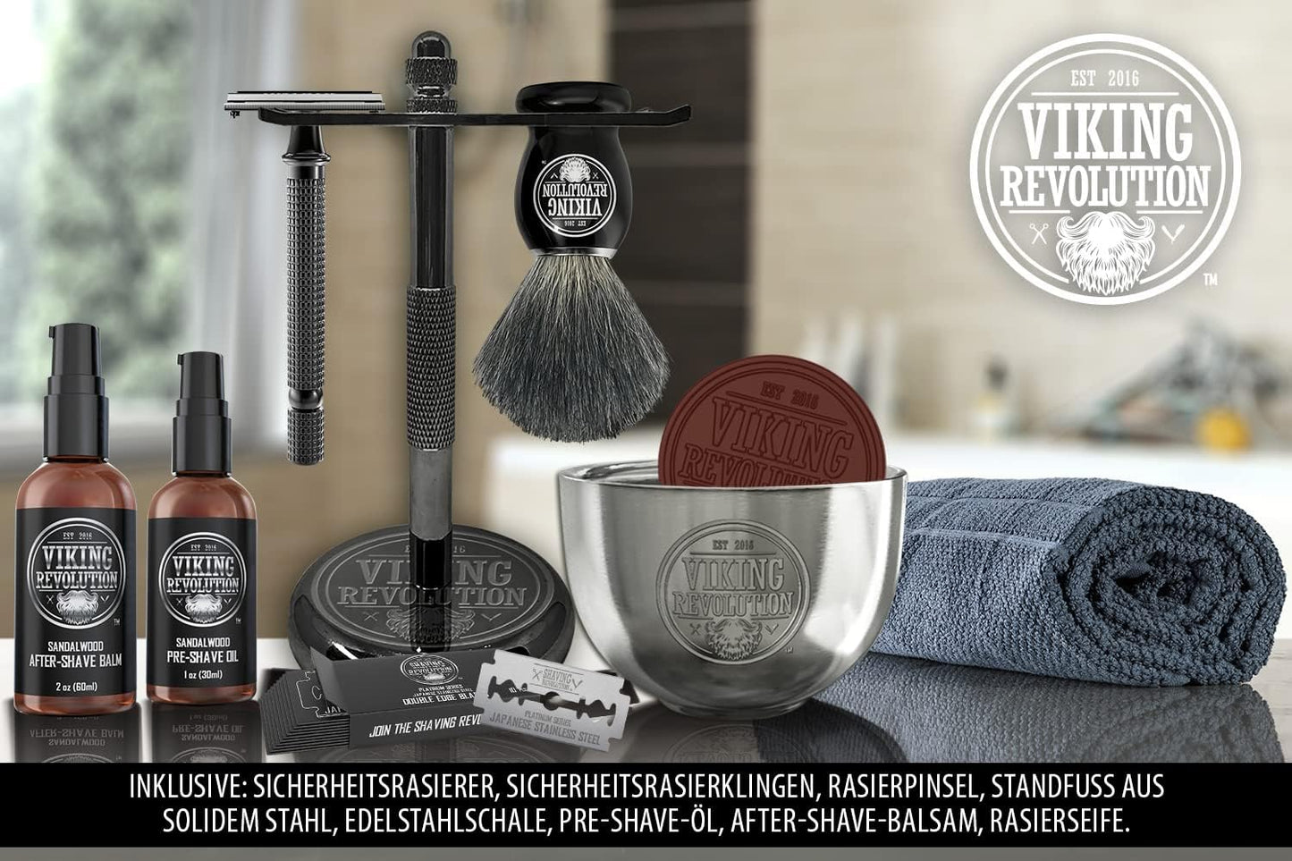Viking Revolution Luxus-Rasierset für Männer – mit Sicherheitsrasierer, Dachs-Bürste, Ständer, Schale, Pre-Shave-Öl und After-Shave-Balsam. Klassisches Set für die stilvolle Nassrasur.