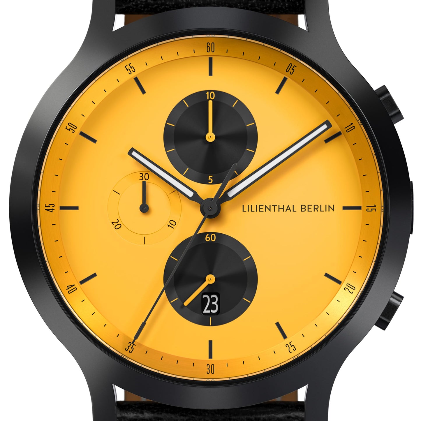 Lilienthal Berlin Chronograph Line 2 (42,5 mm, schwarz/gelb). Präziser Herren-Chronograph aus 316L-Chirurgenstahl mit Quarzwerk, saphirgehärtetem Glas & schwarzem Lederband – robust und elegant. Einfach mal urban glänzen.