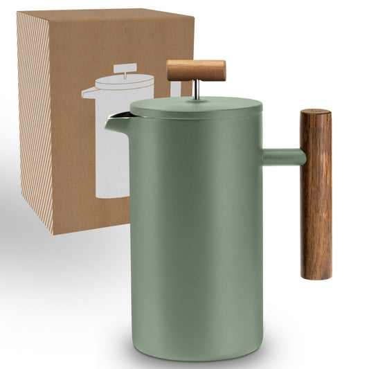 Lambda Coffee® CALDERA French Press (1 L) aus doppelwandigem Edelstahl in Moss Green – für bis zu 5 Tassen. Hält Kaffee lange warm und überzeugt mit stilvollem Design. Robuster Kaffeebereiter für echten Genuss und moderne Küchen.