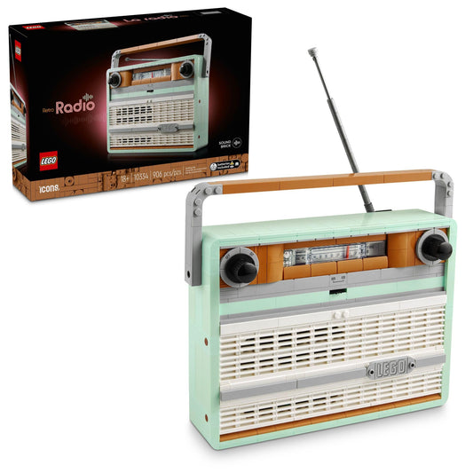 LEGO Icons Retro-Radio (Set 10334). 906 Teile 70er-Vibe mit Smartphone-Fach und Soundeffekt für dein Zuhause.
