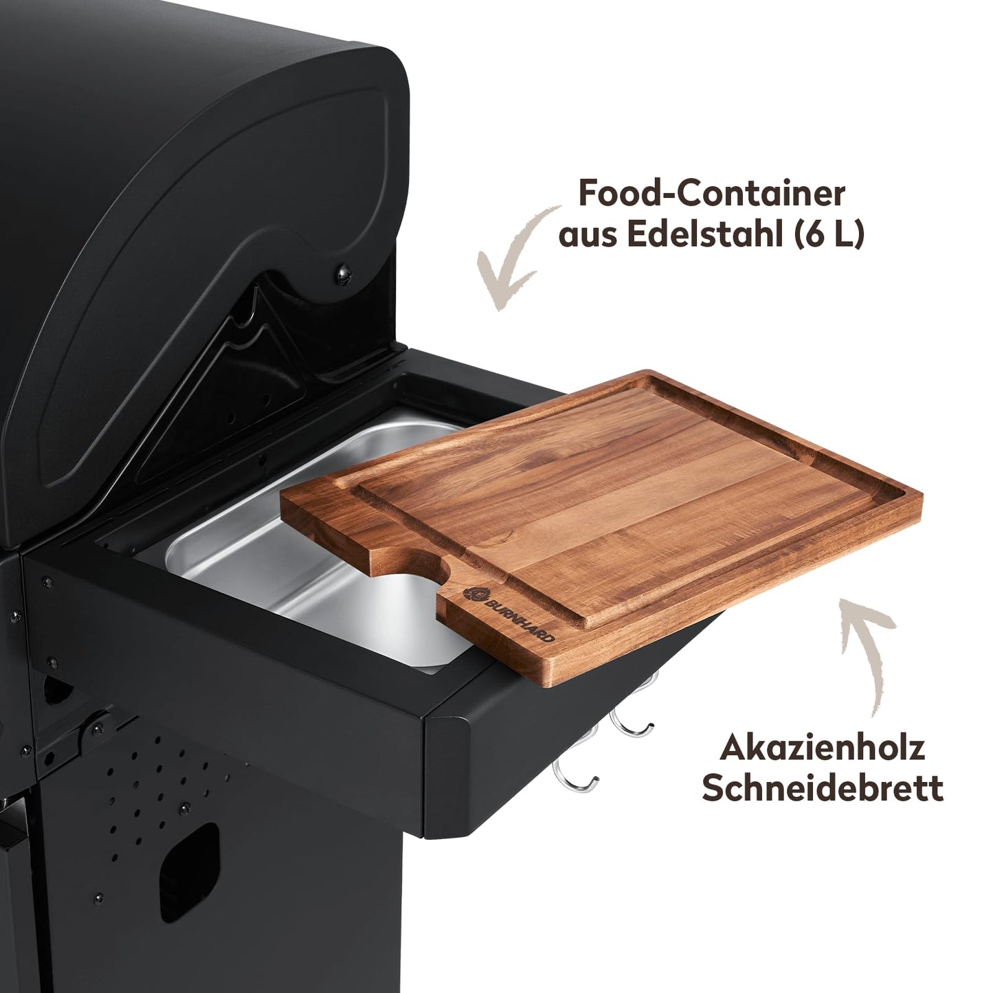 BURNHARD FRED Deluxe Black Series 3 – 3-Brenner-Gasgrill mit Backburner, 900 °C Infrarot-Keramikbrenner, Seitenkochfeld und Gusseisenrost. Inklusive Abdeckung, Grillwagen und klappbaren Seitentischen. Für anspruchsvolles Grillen auf Profi-Niveau.