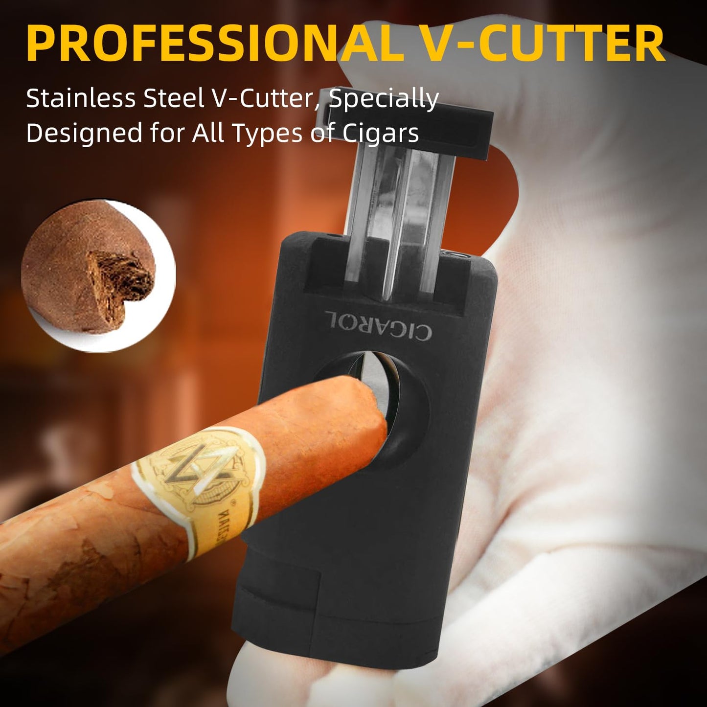 CIGAROL 3-in-1 Zigarrenfeuerzeug mit V-Cutter, 3-fach Jetflamme und edler Geschenkbox. Sturmfestes Design (ohne Gas) für präzises Anzünden und sauberes Schneiden. Hochwertiges Zigarrenzubehör und stilvolles Geschenk für Genießer.