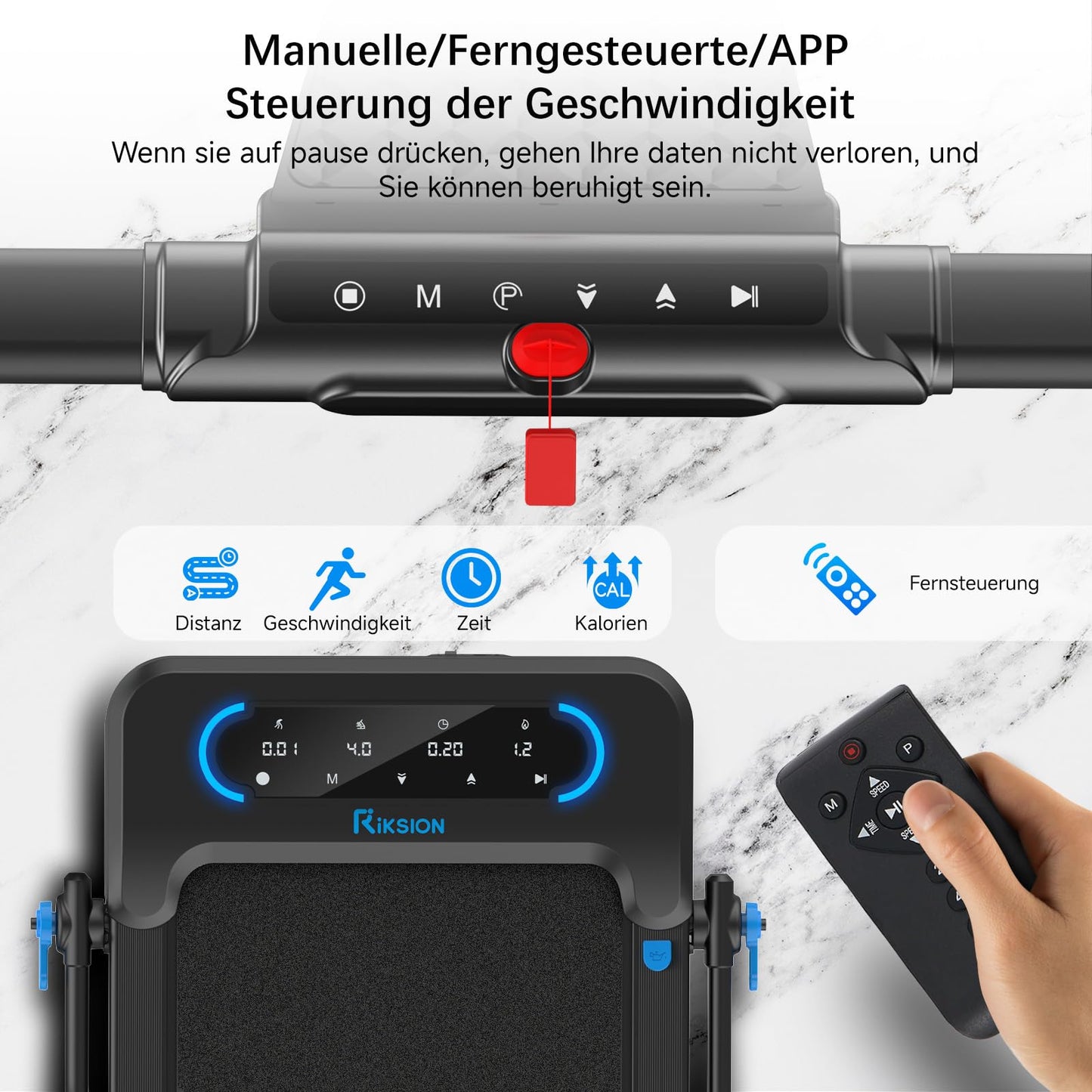 Riksion Laufband für Zuhause, Laufband Klappbar bis 14 km/h,Walking Pad mit 12 Voreingestellte Programme, Elektrisches Laufband mit LED-Anzeige, Fernbedienung und App, Keine Montage Erforderlich