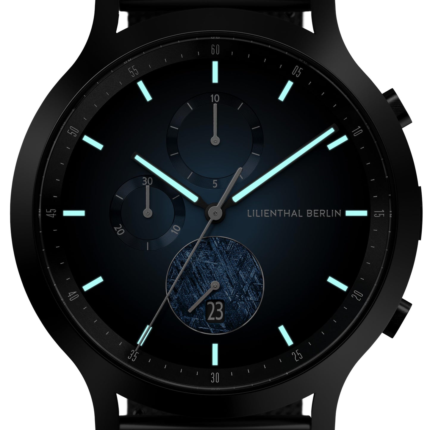 Lilienthal Berlin Chronograph Meteorite IV (42,5 mm, schwarz). Exklusive Herrenuhr mit Meteorit-Zifferblatt, Mesh-Armband und saphirgehärtetem Mineralglas – robust und einzigartig. Jetzt entdecken und himmlisch präzise Zeit erleben.