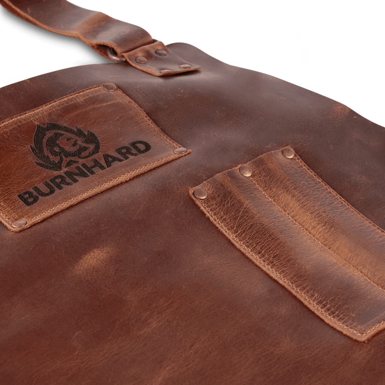 BURNHARD Grillschürze Leder Braun, Lederschürze 100% Büffelleder, Größenverstellbar, BBQ-Schürze mit Taschen, Kochschürze