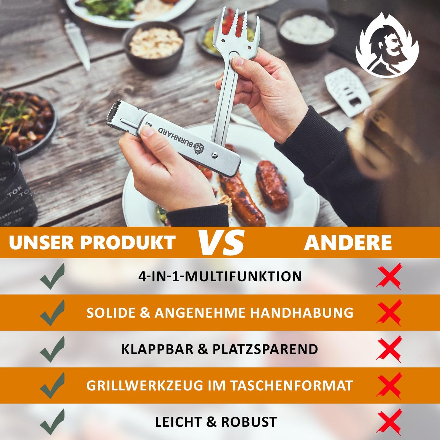 BURNHARD Grillbesteck 4-in-1, Multitool inkl. Grillwender, Grillgabel, Grillzange und Flaschenöffner
