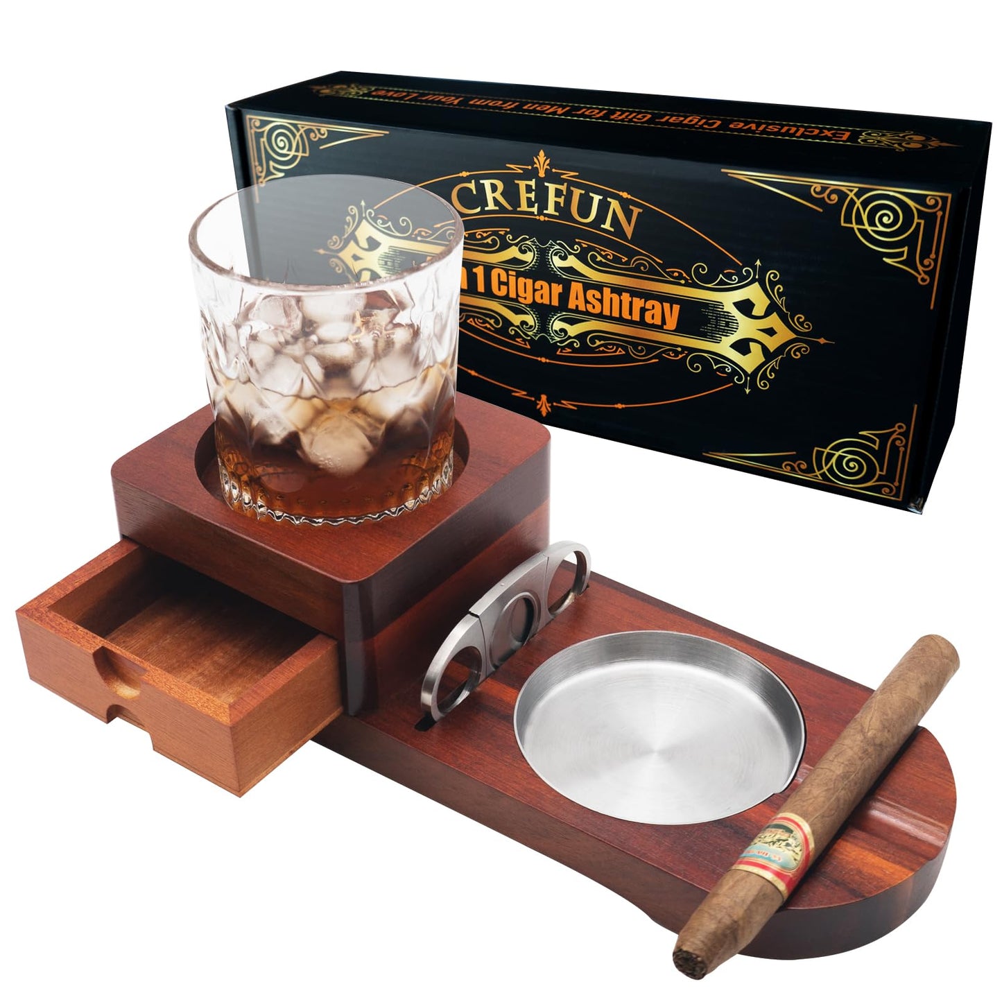 Holz Zigarren Aschenbecher Whiskey Untersetzer - Crefun CK2631 zigarren zubehör fĂŒr mĂ€nner Whiskey zigarren geschenkset, mit abnehmbarer aschenbecher Schublade Zigarrenschneider und 2 zigarrenhalter