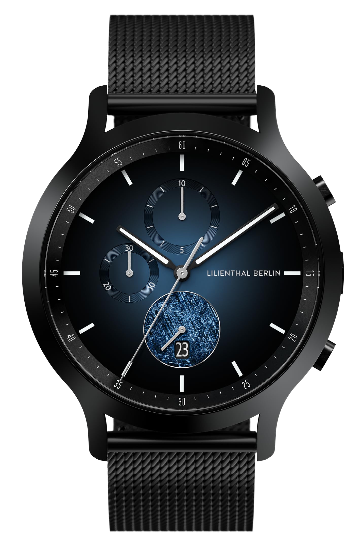 Lilienthal Berlin Chronograph Meteorite IV (42,5 mm, schwarz). Exklusive Herrenuhr mit Meteorit-Zifferblatt, Mesh-Armband und saphirgehärtetem Mineralglas – robust und einzigartig. Jetzt entdecken und himmlisch präzise Zeit erleben.