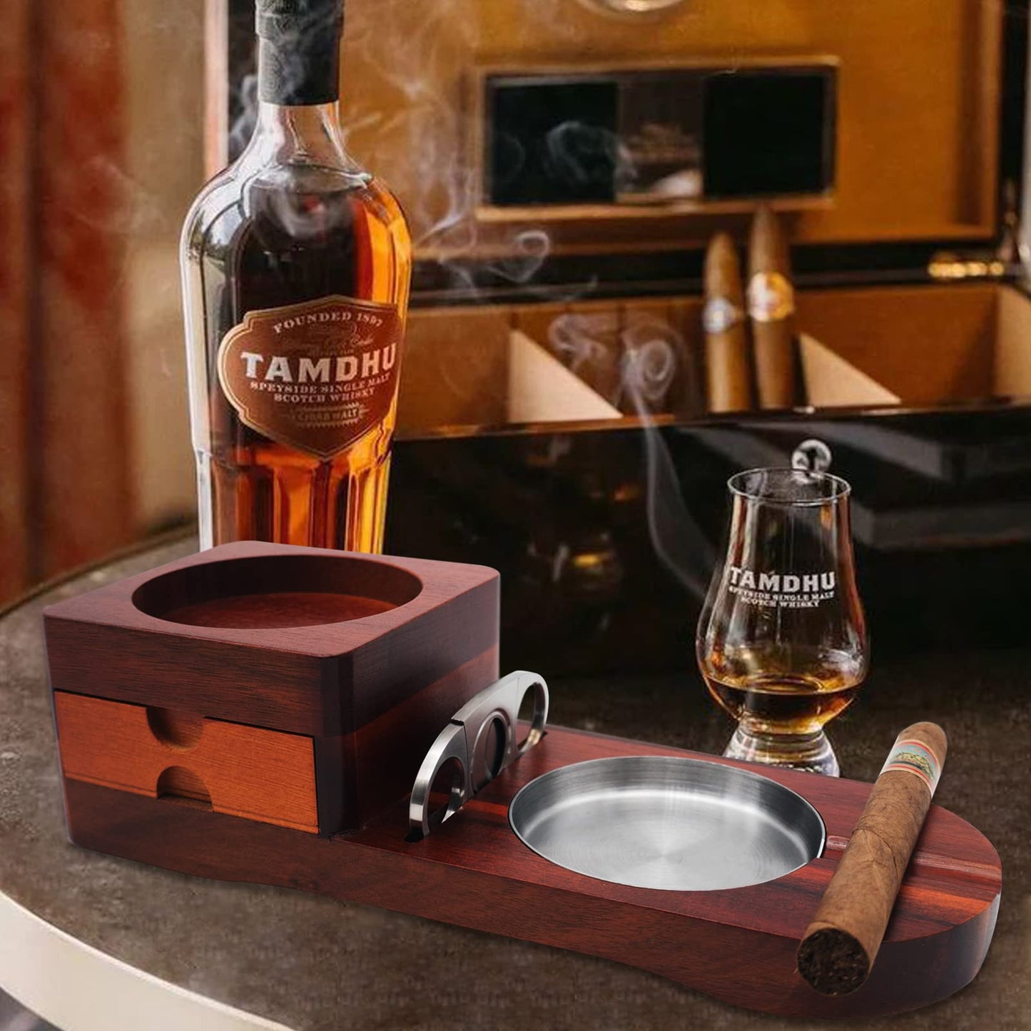 Holz Zigarren Aschenbecher Whiskey Untersetzer - Crefun CK2631 zigarren zubehör fĂŒr mĂ€nner Whiskey zigarren geschenkset, mit abnehmbarer aschenbecher Schublade Zigarrenschneider und 2 zigarrenhalter