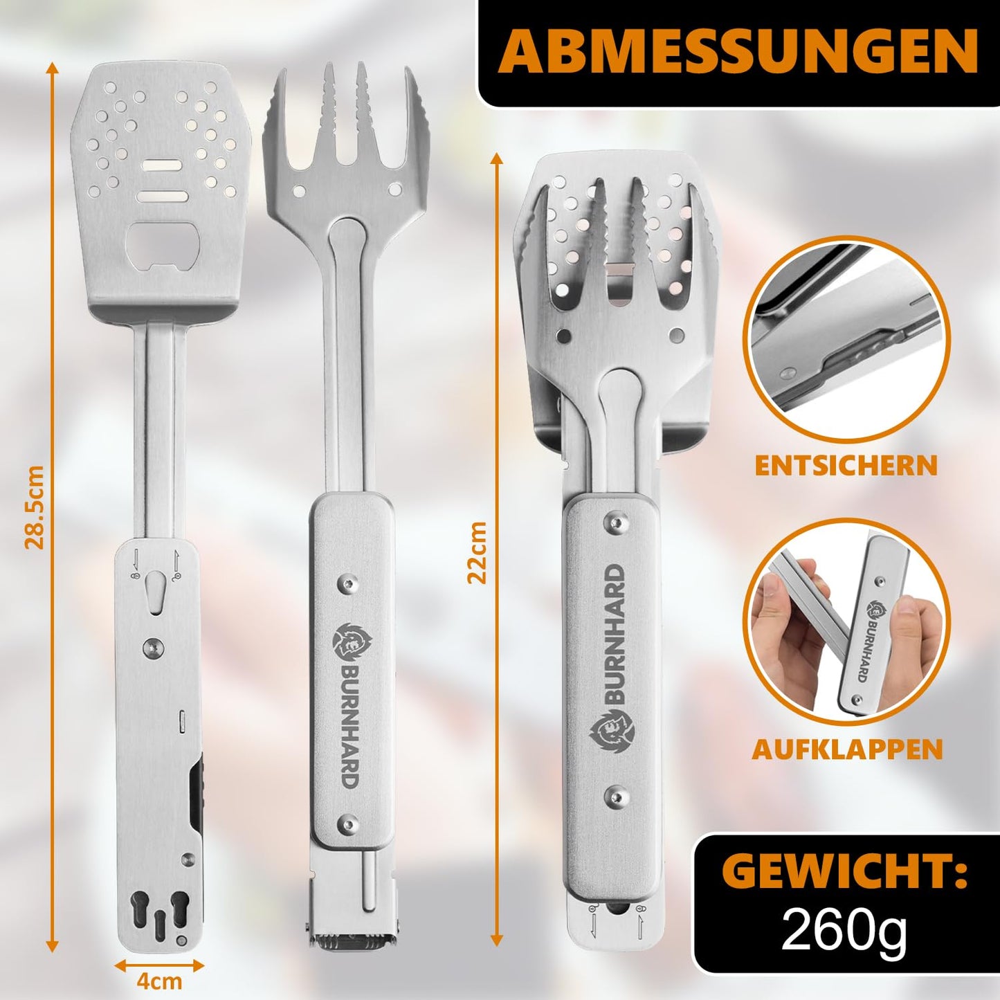 BURNHARD Grillbesteck 4-in-1, Multitool inkl. Grillwender, Grillgabel, Grillzange und Flaschenöffner