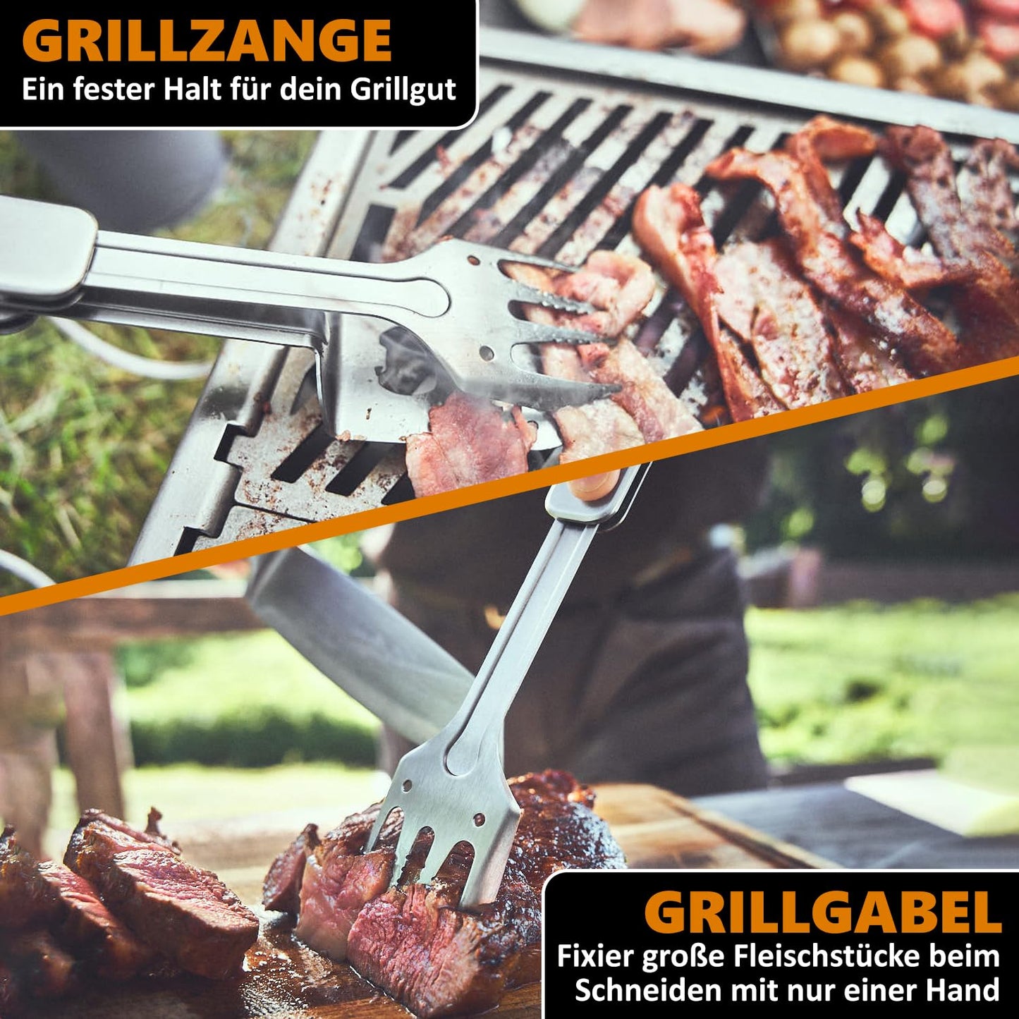 BURNHARD Grillbesteck 4-in-1, Multitool inkl. Grillwender, Grillgabel, Grillzange und Flaschenöffner