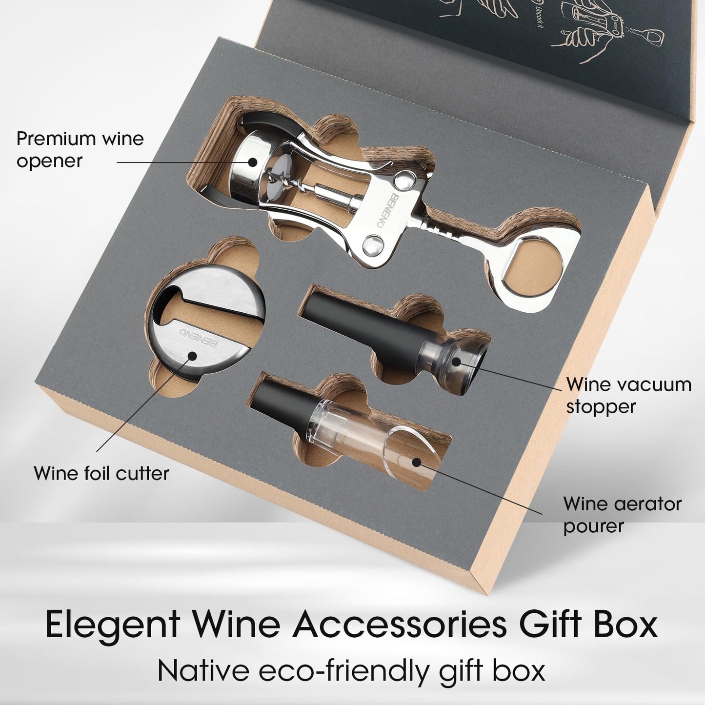 Beneno Weinöffner-Set – stilvolles Geschenkset mit Korkenzieher, Folienschneider, Vakuumverschluss und Weinbelüfter-Ausgießer. Hochwertiges Weinzubehör für stilvolles Öffnen, Belüften und Genießen. Ideal für Weinliebhaber mit Anspruch.