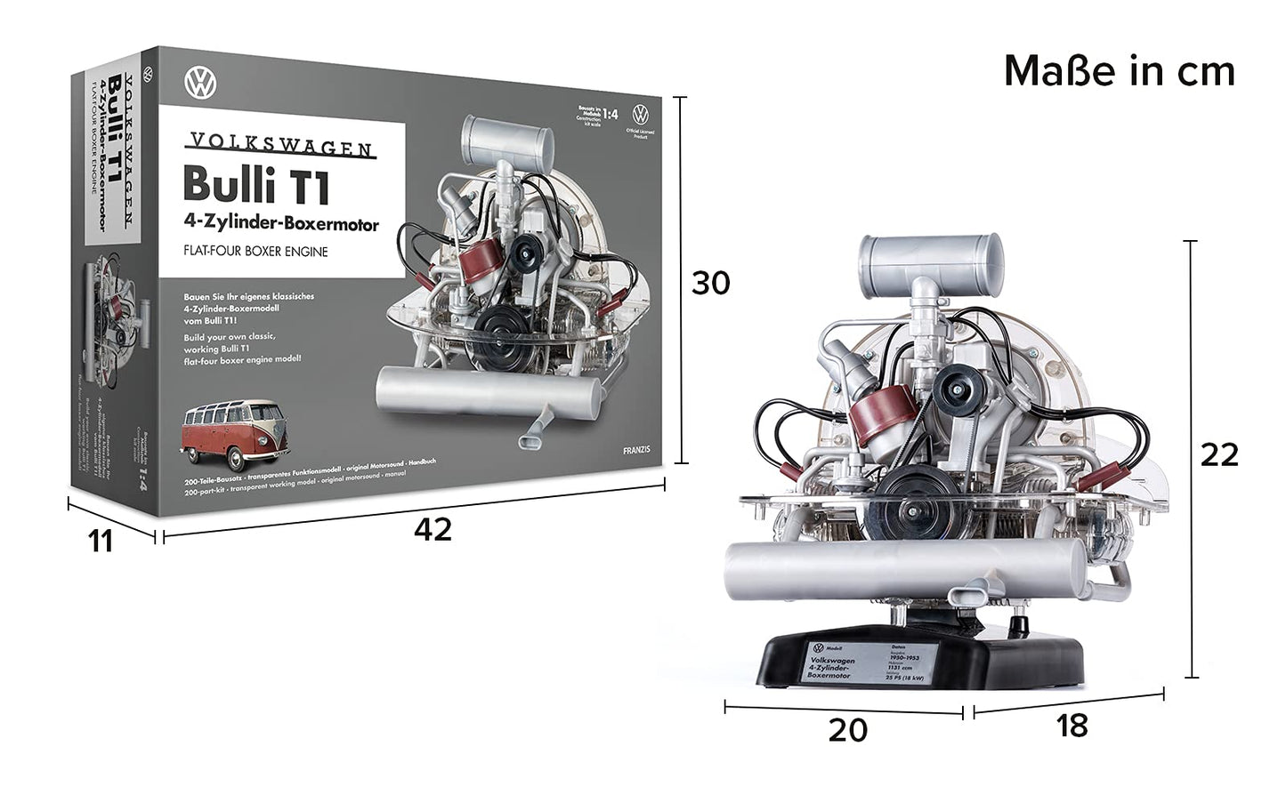FRANZIS 67152 VW T1 Bulli Boxermotor – originalgetreuer 4-Zylinder-Motorbausatz im Maßstab 1:4 mit beweglichen Teilen und Soundmodul. Inklusive Anleitung und 94-seitigem Begleitbuch. Für Technikfans und Bulli-Liebhaber mit Sinn fürs Detail.