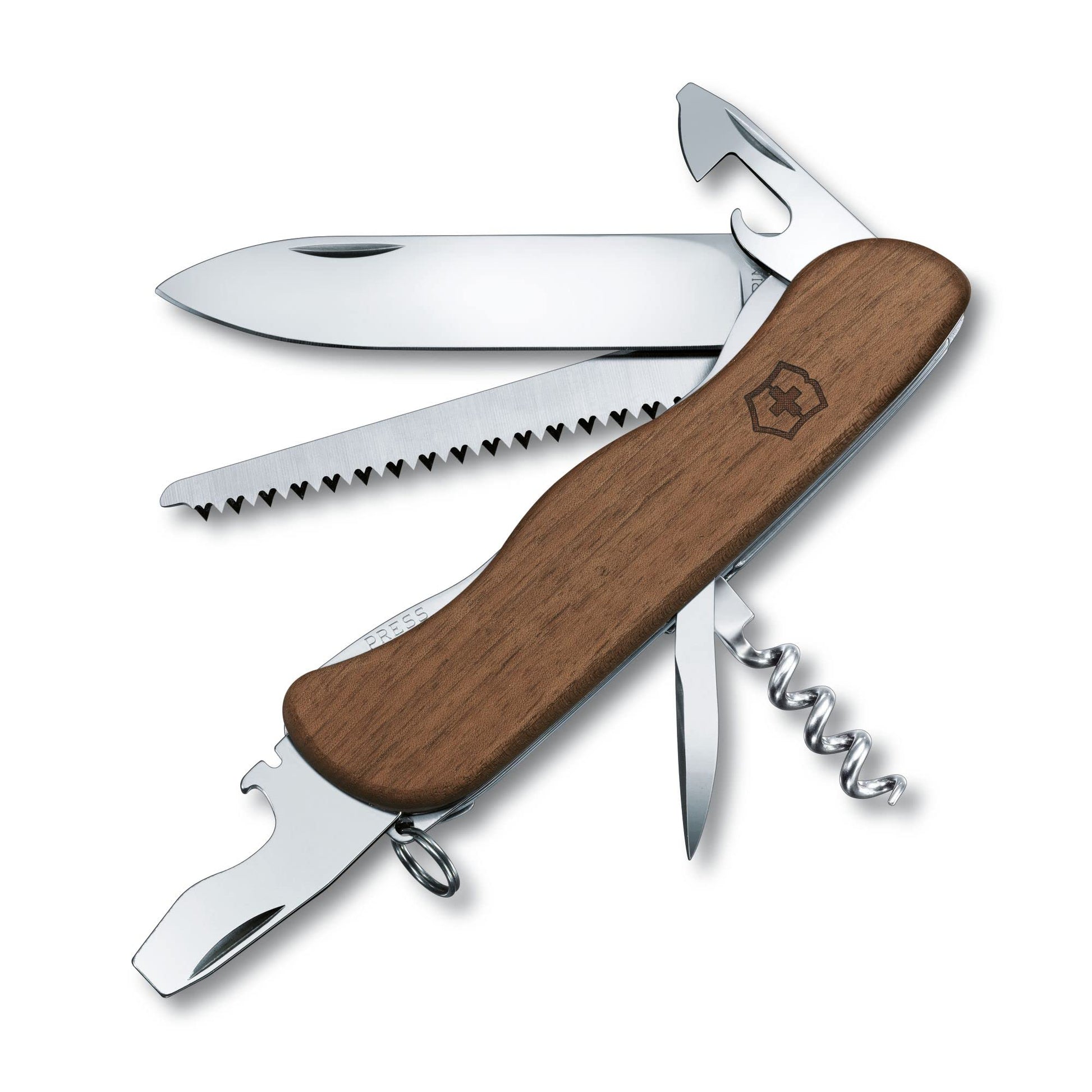 Victorinox Forester Wood mit geöffneten Klingen und Holzsäge – original Schweizer Taschenmesser mit Walnussholzgriff