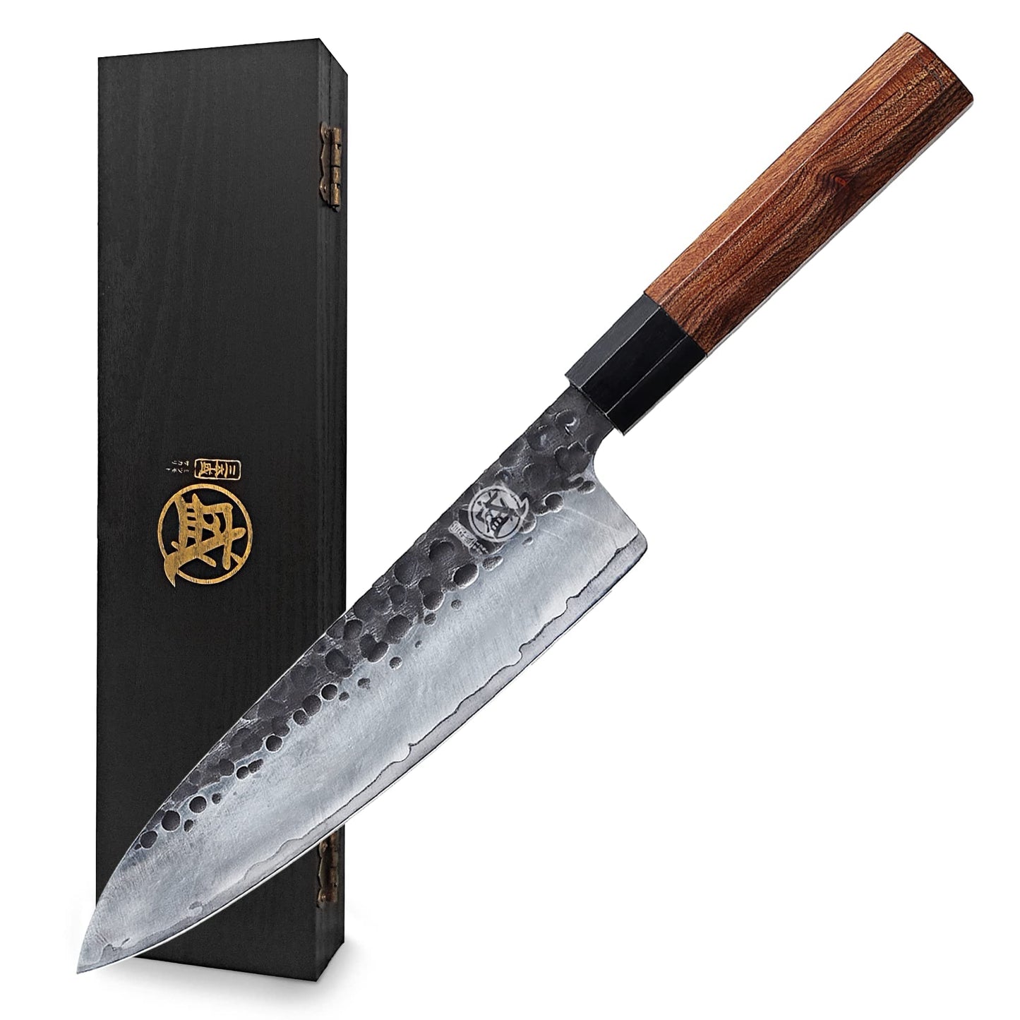 Handgeschmiedetes Mitsumoto Sakari Gyuto Messer 22 cm – japanisches Kochmesser mit VG-10 Stahlklinge und Rosenholzgriff, seitlich liegend
