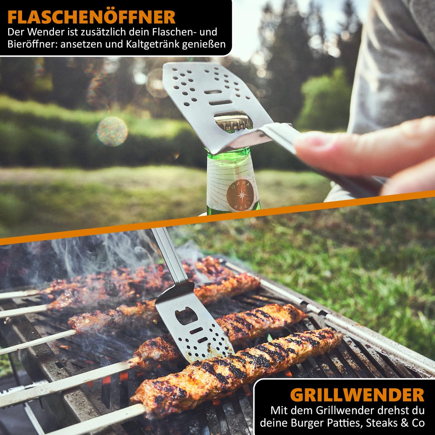BURNHARD Grillbesteck 4-in-1, Multitool inkl. Grillwender, Grillgabel, Grillzange und Flaschenöffner