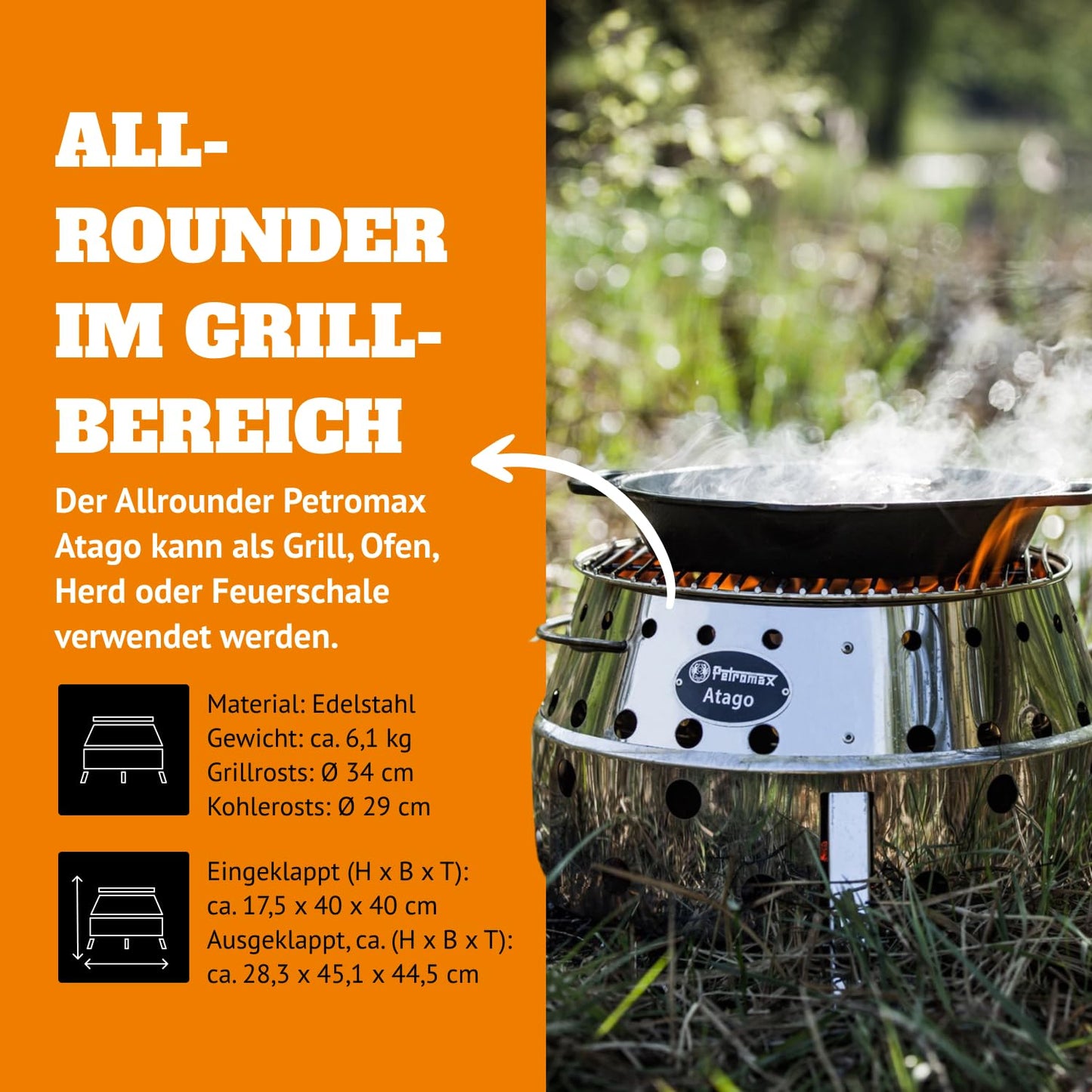 Petromax Atago – Multifunktionaler Edelstahl-Tischgrill für Camping, Garten & Balkon Hol dir jetzt den Petromax Atago und erlebe überall erstklassigen Grillgenuss!