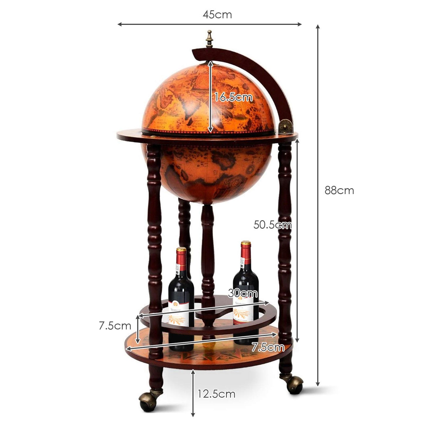 Globusbar in Braun – dekorativer Barwagen mit integrierter Minibar und Weinregal, flexibel dank Rollen. Klassisches Globus-Design mit Stauraum für Flaschen und Gläser. Für stilvolles Servieren und elegante Raumakzente.