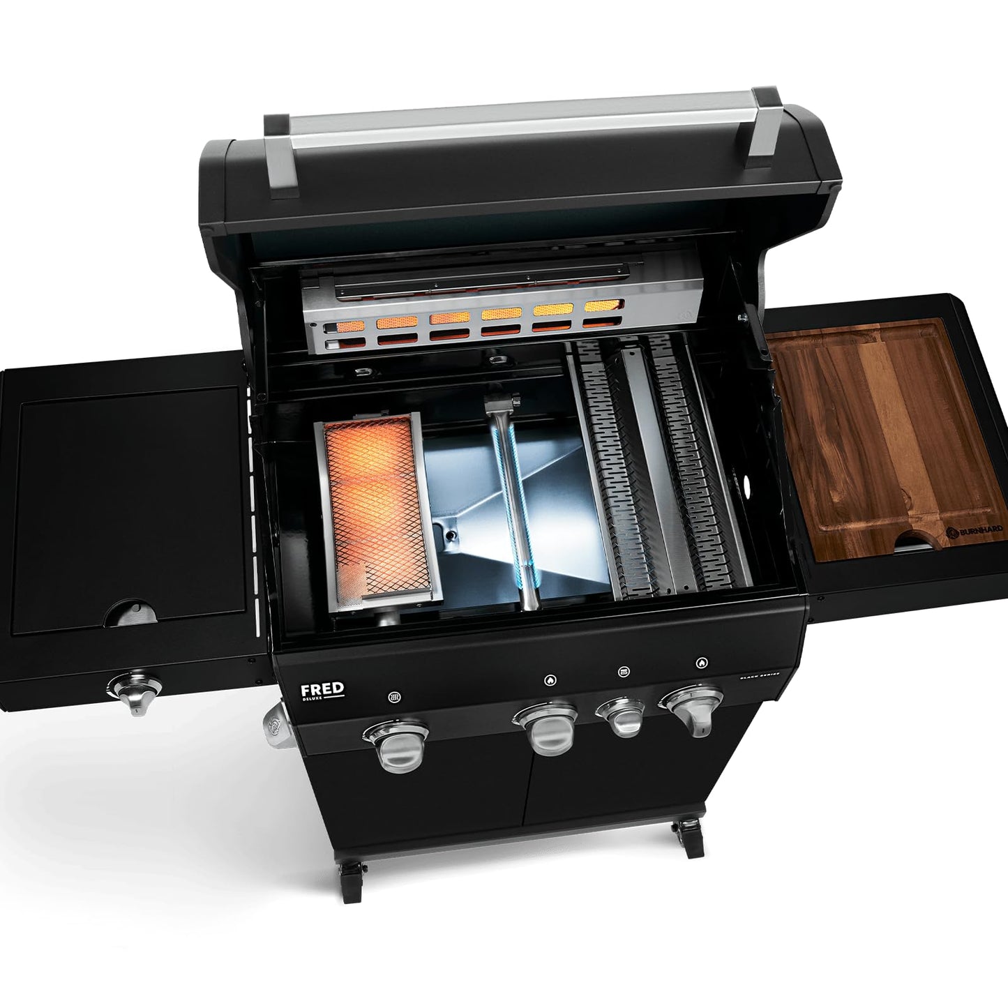 BURNHARD FRED Deluxe Black Series 3 – 3-Brenner-Gasgrill mit Backburner, 900 °C Infrarot-Keramikbrenner, Seitenkochfeld und Gusseisenrost. Inklusive Abdeckung, Grillwagen und klappbaren Seitentischen. Für anspruchsvolles Grillen auf Profi-Niveau.