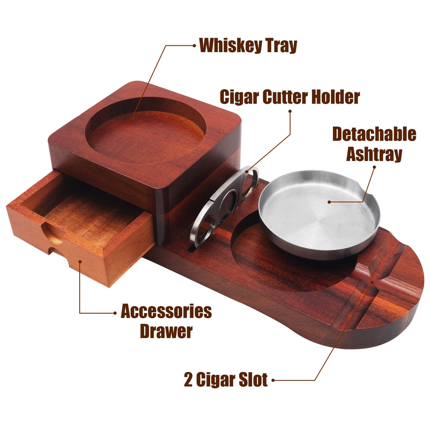 Holz Zigarren Aschenbecher Whiskey Untersetzer - Crefun CK2631 zigarren zubehör fĂŒr mĂ€nner Whiskey zigarren geschenkset, mit abnehmbarer aschenbecher Schublade Zigarrenschneider und 2 zigarrenhalter