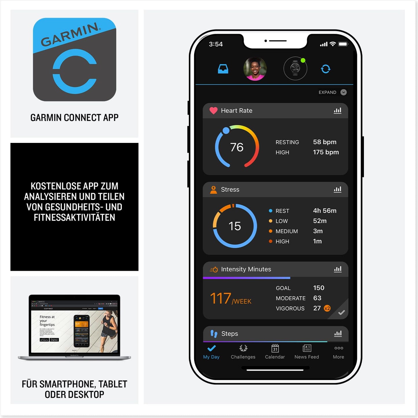 Garmin Venu 3 Smartwatch. Elegante Fitnessuhr mit OLED, Gesundheitsanalyse & Telefonfunktion.