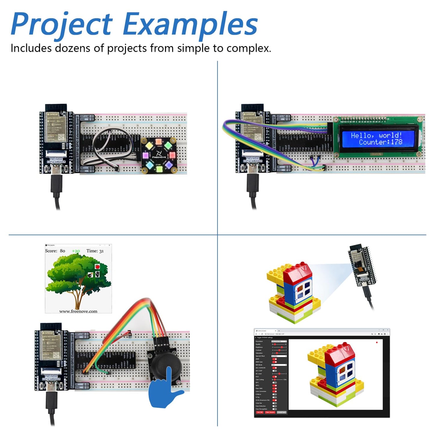 Freenove Ultimate Starter Kit mit ESP32-WROVER CAM, Dual-Core-Mikrocontroller, integrierter Kamera & WLAN. Enthält 240 Bauteile, 122 Projekte und ein 795-seitiges Tutorial für Python, C & Java. Für ambitionierte Elektronik- und Programmierideen.