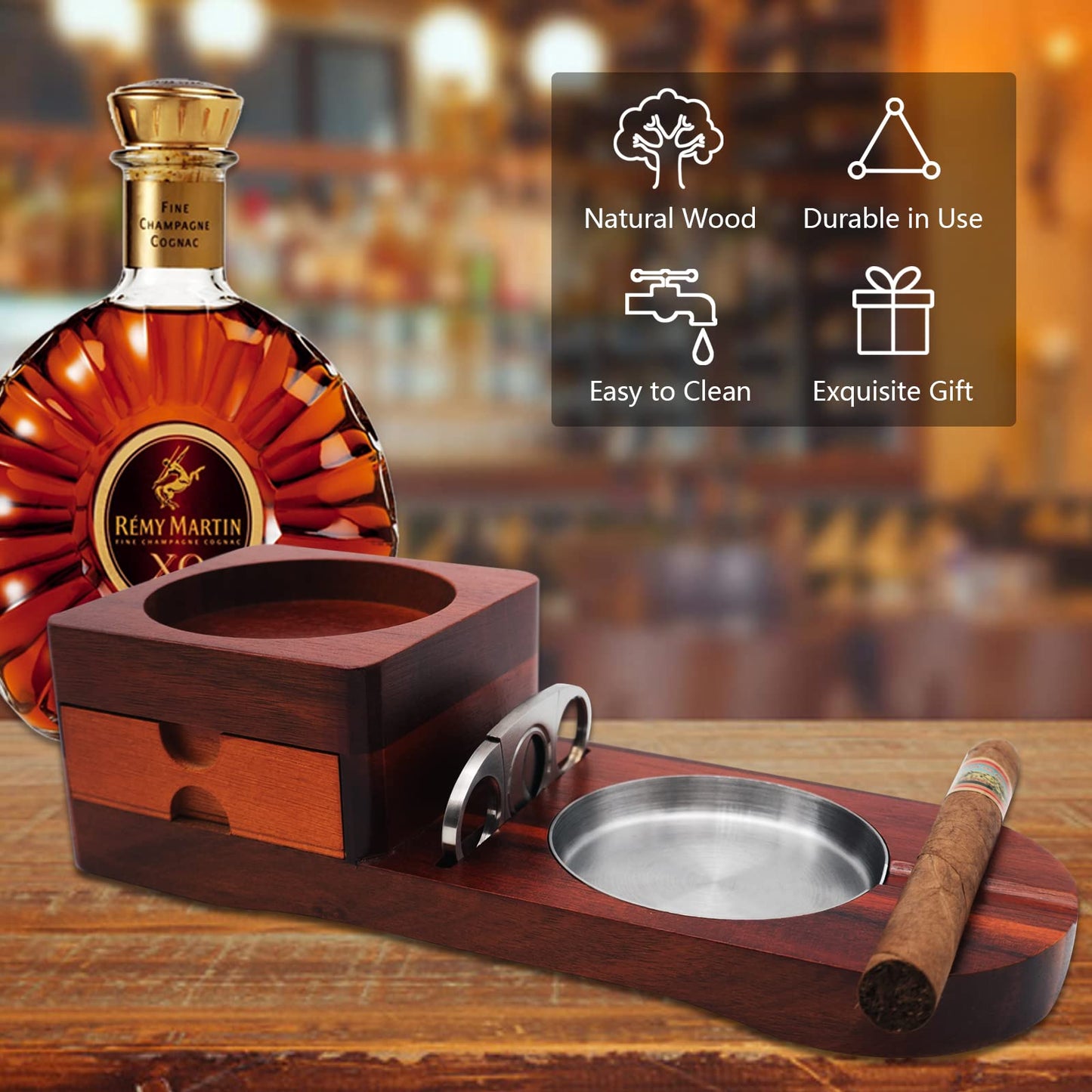 Holz Zigarren Aschenbecher Whiskey Untersetzer - Crefun CK2631 zigarren zubehör fĂŒr mĂ€nner Whiskey zigarren geschenkset, mit abnehmbarer aschenbecher Schublade Zigarrenschneider und 2 zigarrenhalter