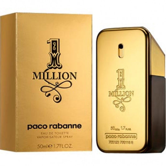 Paco Rabanne 1 Million Eau de Toilette Spray (50 ml). Spritzig-fruchtiger Grapefruit-Mandarinen-Boost mit opulentem Zimt-Leder-Herz & sinnlich-warmer Amber-Moschus-Tiefe.