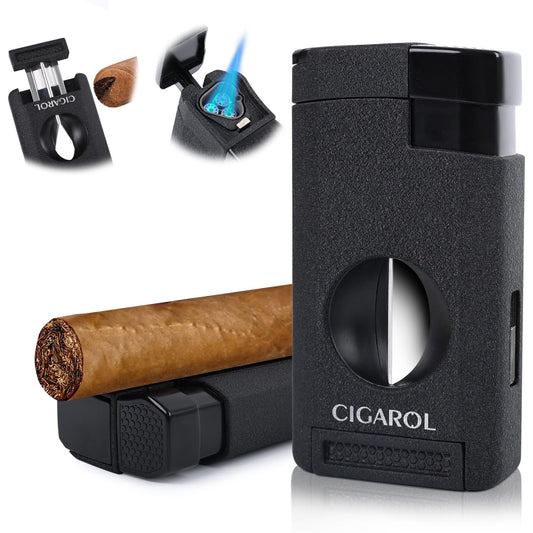 CIGAROL 3-in-1 Zigarrenfeuerzeug mit V-Cutter, 3-fach Jetflamme und edler Geschenkbox. Sturmfestes Design (ohne Gas) für präzises Anzünden und sauberes Schneiden. Hochwertiges Zigarrenzubehör und stilvolles Geschenk für Genießer.