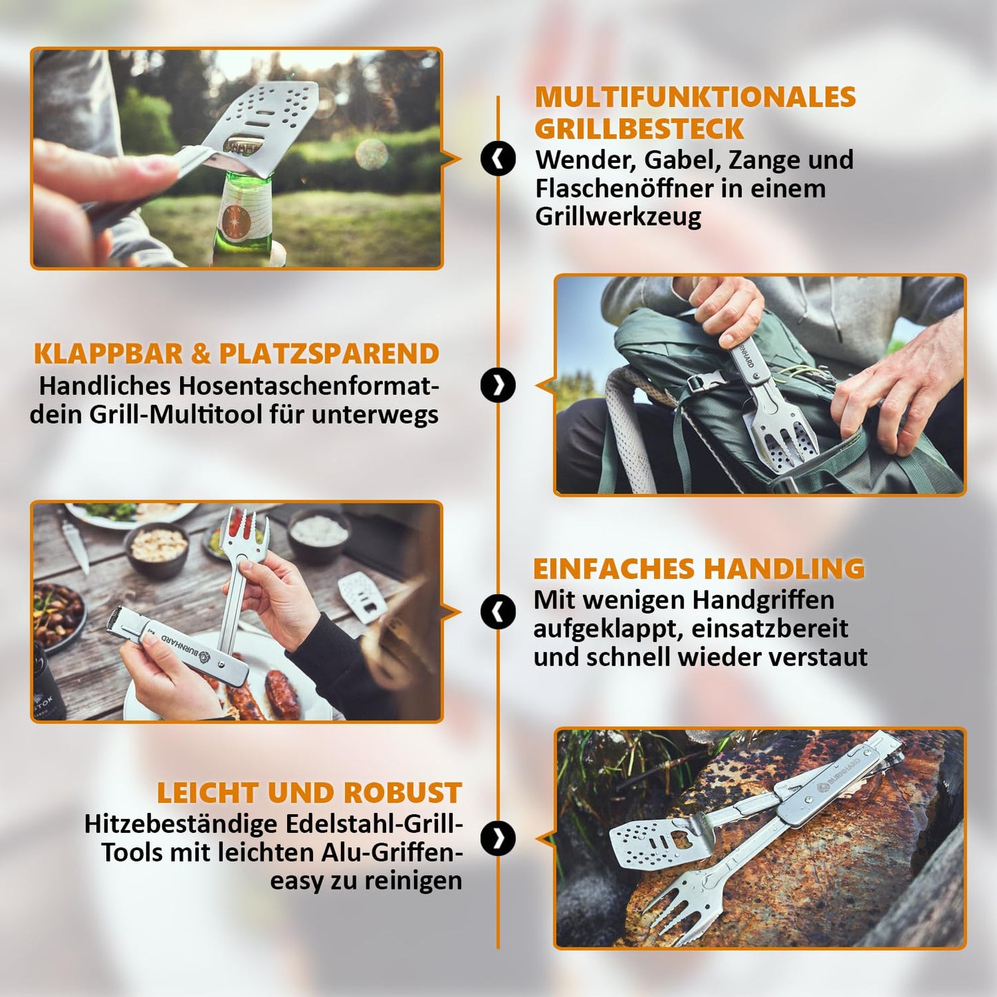 BURNHARD Grillbesteck 4-in-1, Multitool inkl. Grillwender, Grillgabel, Grillzange und Flaschenöffner