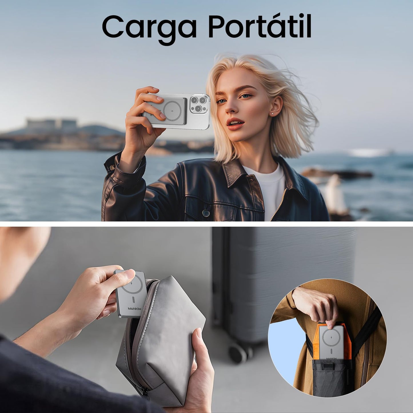 MANKIW Powerbank mit 5000 mAh – magnetisch, ultraflach und kompatibel mit MagSafe für iPhone 12 bis 16 (alle Modelle). 20 W Schnellladen per USB-C in/out und kabellose Ladefunktion für unterwegs. Stilvoller Energiespender im kompakten Format.