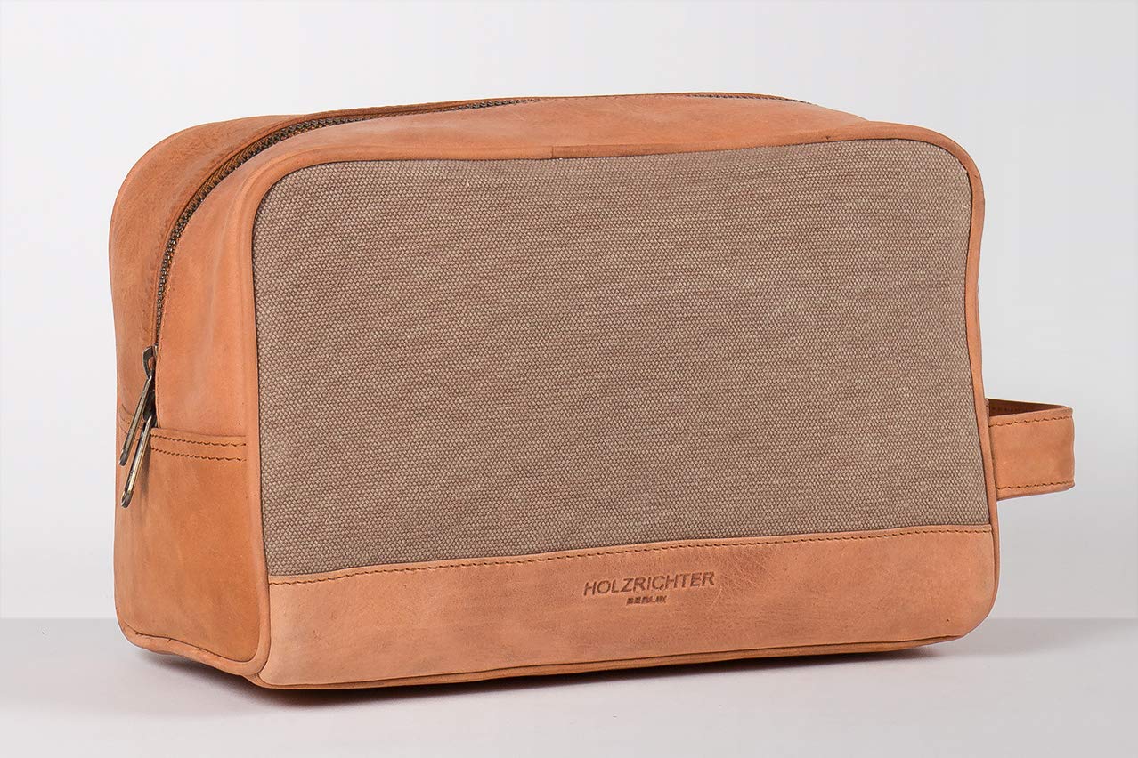 HOLZRICHTER Berlin Kulturbeutel (Größe L) aus Canvas und Premium-Leder. Stilvolle Kulturtasche. Robuste Materialien, durchdachtes Design. Ideal für Reisen mit Klasse.