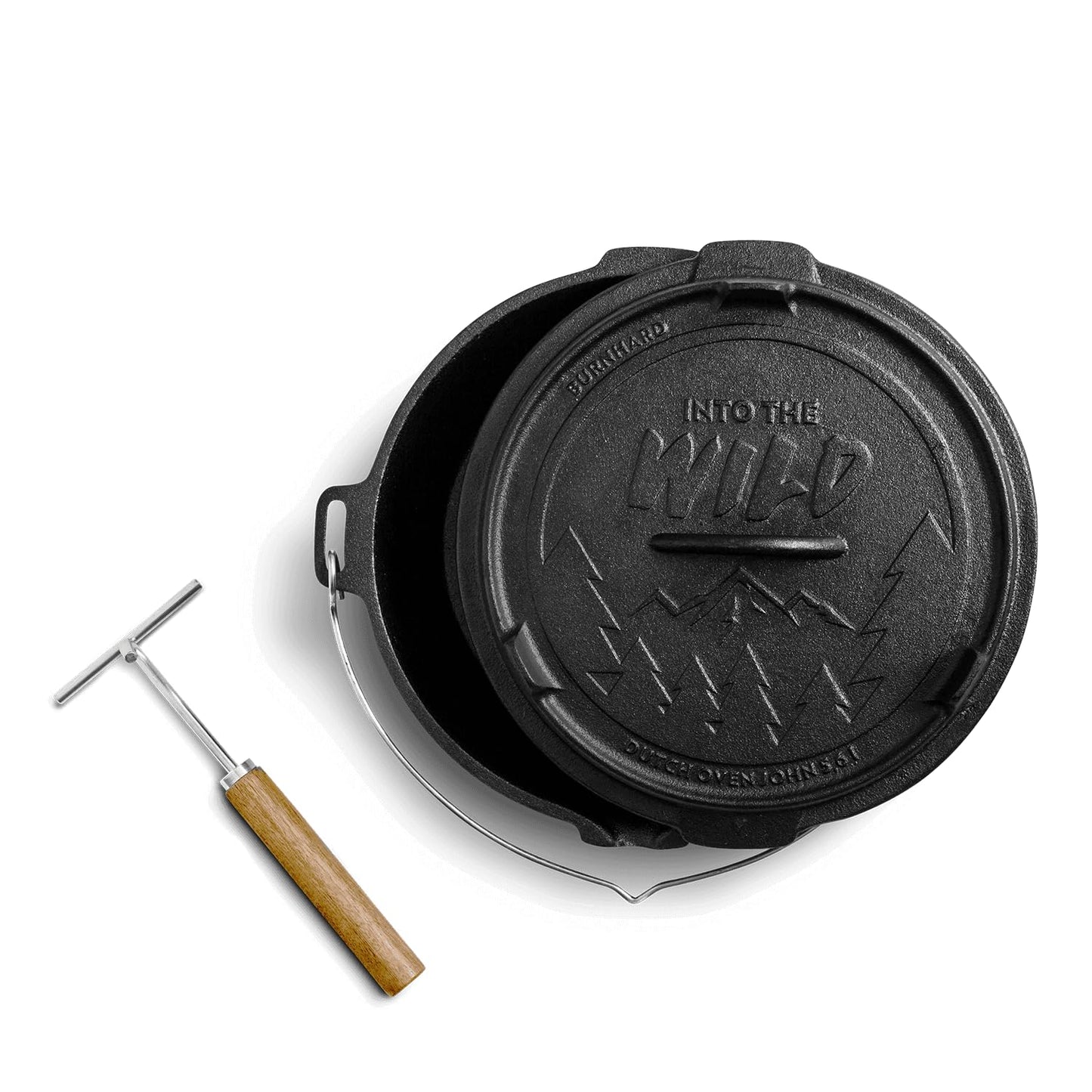 BURNHARD Dutch Oven 6 qt (5,6 L) aus massivem Gusseisen –  bereit für den Einsatz über offenem Feuer oder im Ofen. Inklusive Deckelheber, für flexible Nutzung. Perfekt zum Schmoren, Braten und Backen unter freiem Himmel.