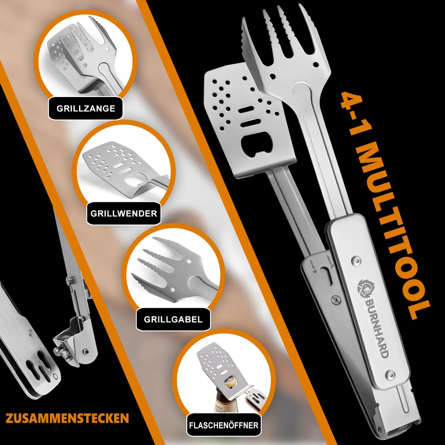 BURNHARD Grillbesteck 4-in-1, Multitool inkl. Grillwender, Grillgabel, Grillzange und Flaschenöffner