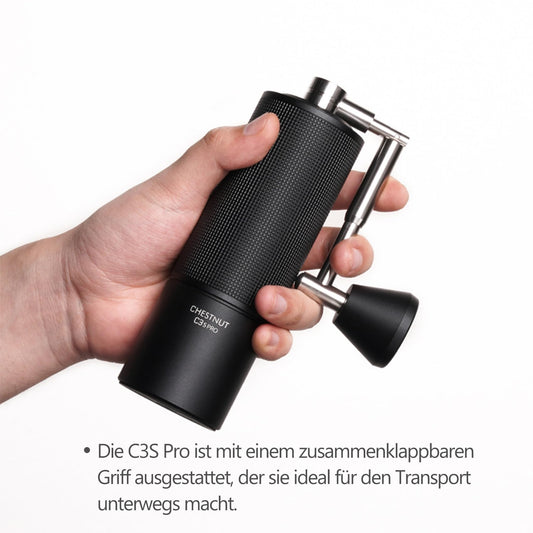 TIMEMORE C3S Pro Ganzmetall Kaffeemühle – Präzise Mahlgradeinstellung, Edelstahl Kegelmahlwerk, Klappbarer Griff & 25g Bohnenbehälter – Schwarz